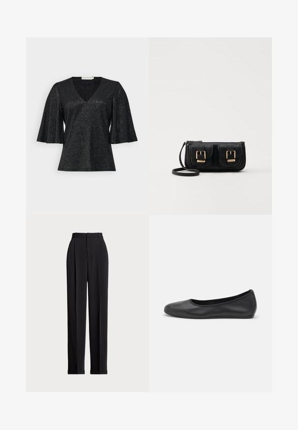 Zwarte top met een V-hals en uitlopende korte mouwen, gemaakt van textiel met een subtiele glans. Heeft een gladde afwerking en geen zichtbare hardware.; Zwart geribbeld tanktop met een ronde halslijn, aansluitende vorm en naadloze randen. Stof is zacht en rekbaar. Etiket zegt "LAUREN."; Zwarte op maat gemaakte broek met een hoge taille, voorzien van plooien aan de voorkant, een recht gesneden ontwerp en een omslagrand. Gemaakt van een soepele stof.; Zwarte leren ballerina met een ronde neus, gladde textuur, minimale stikdetails en een flexibele zoolontwerp.; Zwarte leren schoudertas met twee vo pockets, gouden gespen, ritsluiting en een smalle band. Tekstuur oppervlak en compacte rechthoekige vorm.