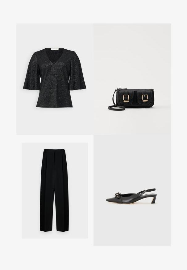 Czarny top z dekoltem w serek i rozszerzającymi się krótkimi rękawami, wykonany z teksturowanej tkaniny z subtelnie błyszczącym wykończeniem. Charakteryzuje się gładką powierzchnią i brakiem widocznych elementów metalowych.; Czarne spodnie o szerokich nogawkach z wysokim stanem, z plisami i gładką teksturą. Materiał wydaje się lekki i elegancko się układa.; Czarne skórzane buty typu slingback z ostrym noskiem, małym obcasem i ozdobnym zapięciem na górze. Gładka faktura, minimalistyczny design.; Czarna skórzana torba na ramię z dwoma przednimi kieszeniami, złotymi klamrami, zamkiem błyskawicznym i cienkim paskiem. Teksturowana powierzchnia i kompaktowy prostokątny kształt.