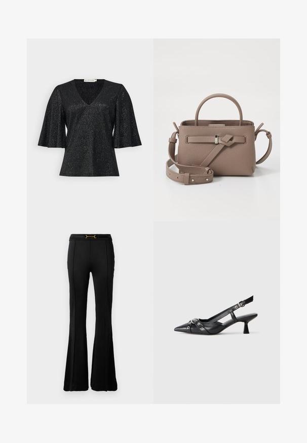 Top negro con escote en V y mangas cortas acampanadas, fabricado en una tela texturizada con un suave brillo. Presenta un acabado suave y sin herrajes visibles.; Pantalones de campana negros de cintura alta con detalles de costura en la parte delantera y un cinturón delgado que presenta una hebilla de morseto dorada en la cintura.; Zapato de slingback negro de piel con punta afilada, correas decorativas con ojales de metal y un tacón bajo y ancho. Superficie texturizada.; Bolso de piel texturizada en topo con asa superior, correa de hombro ajustable y detalle decorativo de nudo sobre un fondo blanco limpio.