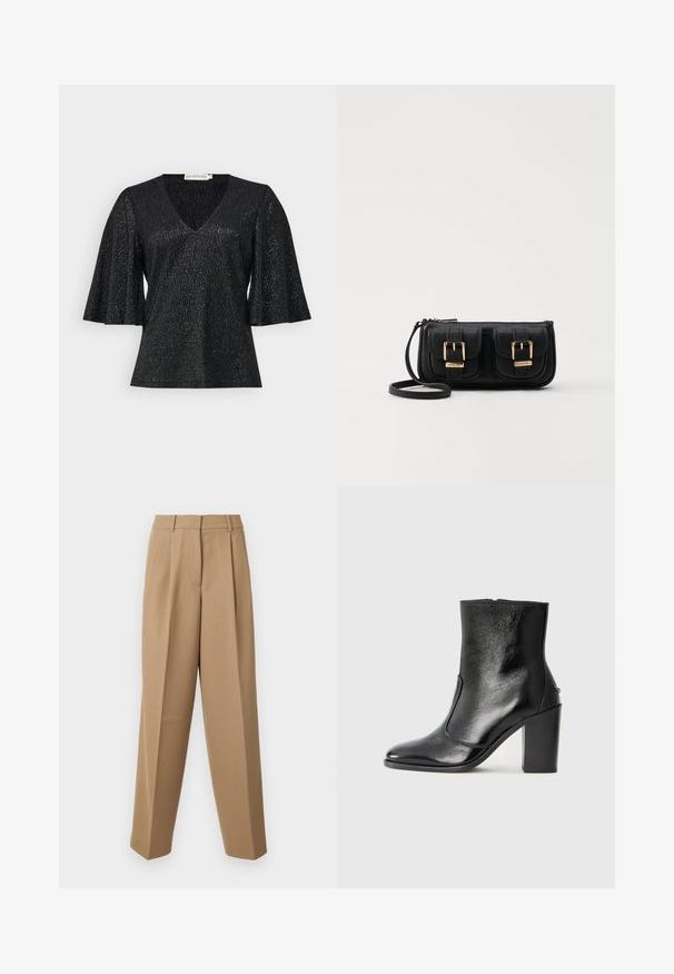 Črna bluzica z V-izrezom in razširjenimi kratkimi rokavi, izdelana iz teksturirane tkanine z diskretno sijočo površino. Ima gladko obdelavo in brez vidnih kovinskih delov.; Bež hlače z visokim pasom, gubanim sprednjim delom in širokim krojem. Tkanina se zdi gladka z rahlim sijajem.; Črne usnjene gležnarske čevlje z gladko teksturo, koničastim nosom in debelim visokim petam. Imajo stransko odprtino in minimalističen dizajn.; Črna usnjena torbica čez ramo z dvema sprednjima žepoma, zlatimi zaponkami, zadrgo in ozkim pasom. Tekstura površine je strukturirana, obliko pa ima kompaktno pravokotno.