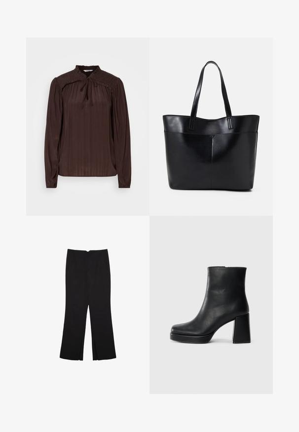Blouse marron à manches longues avec un décolleté en forme de trou de serrure, texture plissée, épaules smockées et poignets froncés. Tissu léger et fluide.; Pantalon noir avec une coupe droite, doté de poches avant et d'éclairs sur l'ourlet. Fabriqué en tissu doux et lisse. Convient à diverses occasions.; Bottine en cuir noir avec un talon bloc et une semelle plateforme, vue de côté sur un fond blanc uni.; Sac fourre-tout en cuir noir avec deux longues poignées, une texture lisse et une forme structurée. Dispose d'une poche avant pour un rangement supplémentaire.