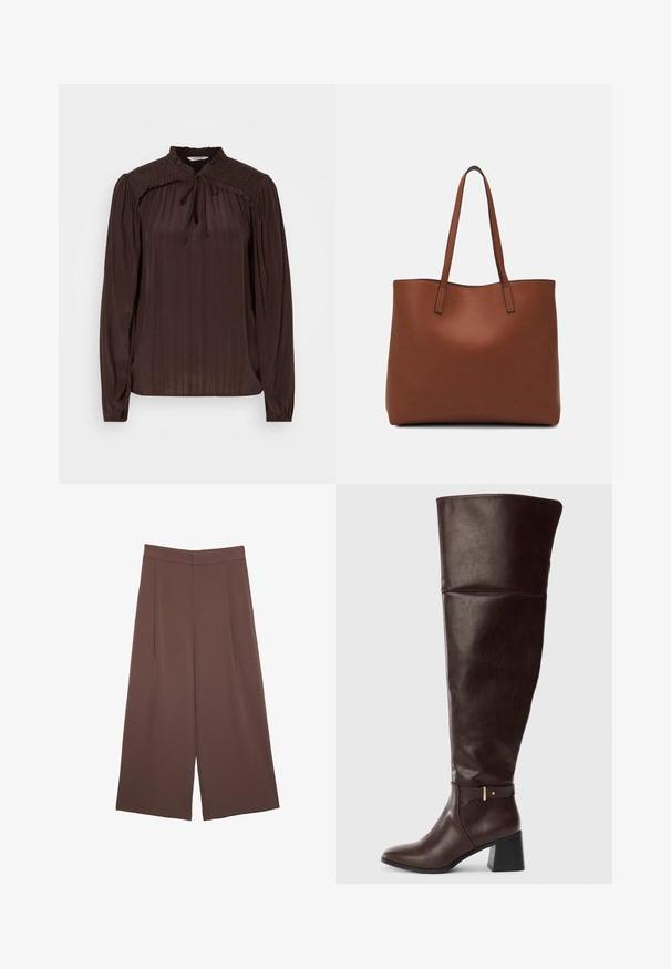 Brown long-sleeve blouse with a keyhole neckline, pleated texture, smocked shoulders, and gathered cuffs. Lightweight, flowing fabric.; Brown wide-leg trousers with a smooth texture, featuring a high waist and front pleats. The fabric is lightweight and flows loosely.; Dark brown knee-high leather boot with block heel and decorative strap detail on side, shown against a plain light background.; Brown leather tote bag with a smooth texture, open top design, and two shoulder straps. Features minimal stitching and no visible hardware.