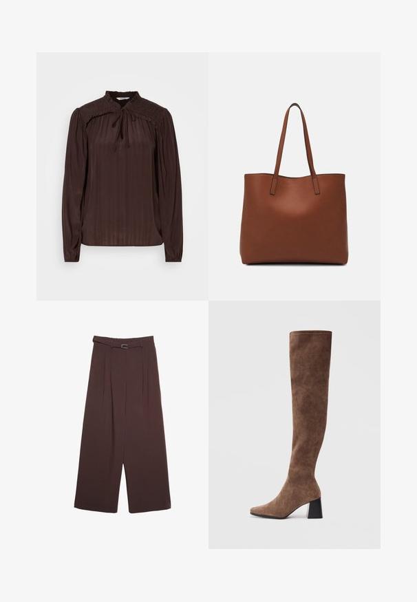 Blouse marron à manches longues avec un décolleté en forme de trou de serrure, texture plissée, épaules smockées et poignets froncés. Tissu léger et fluide.; Stradivarius WIDE-LEG WITH BUCKLE DETAIL - Pantalon classique - dark brown; Bottes marron au-dessus du genou en suede doux avec un bout pointu et un talon épais noir. Le design présente des coutures sans couture pour un look élégant.; Sac fourre-tout en cuir marron avec une texture lisse, design à ouverture supérieure et deux poignées pour le porter à l'épaule. Présente des coutures minimales et aucun matériel visible.