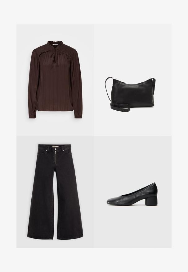Brown long-sleeve blouse with a keyhole neckline, pleated texture, smocked shoulders, and gathered cuffs. Lightweight, flowing fabric.; Wide-leg jeans in black denim with a zippered front, five-pocket design, and subtle stitching details. Smooth texture and casual style.; Black leather pump with a rounded toe and mid-block heel. Smooth texture with minimal detailing, featuring a subtle elastic opening.; Black leather shoulder bag with a smooth texture, curved shape, adjustable strap, and a zip closure. Minimalist design without embellishments.