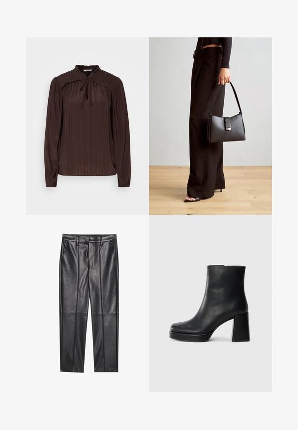 Ruskea pitkähihainen paita, jossa on avainaukko-kaulus, laskostettu rakenne, rypytetyt olkapäät ja kerätyt hihat. Kevyt, virtaava kangas.; Musta nahkahousut, joissa on sileä pinta, suora leikkaus, kaksi etutaskua ja näkyvät saumat.; Musta nahkasaapas nilkkapituisena, jossa on paksu korko ja alustapohja, nähtynä sivulta yksinkertaisella valkoisella taustalla.; Musta käsilaukku, jossa on rakenteellinen muoto, sileä pinta ja metallinen solki. Yhdistetty leveisiin mustiin housuihin ja avonaiheisiin sandaaleihin puulattialla.