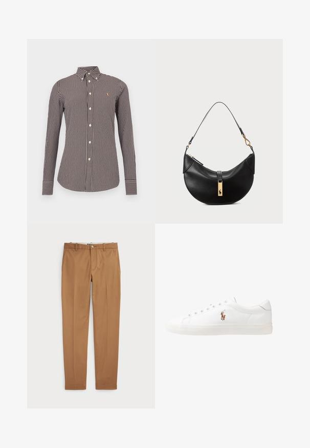 Brown and cream striped long-sleeve shirt with a button-down collar, featuring a small logo and contrasting cuff stripes.; Brown cotton trousers with a slim-fit design, flat front, and standard pockets; smooth texture and hemmed cuffs.; White leather sneakers, low-top design, featuring a smooth texture, round toe, laced front, and a small embroidered logo on the side.; Black leather handbag in a half-moon shape. Features a gold hardware accent and a narrow strap. Smooth texture, zipper closure at the top.