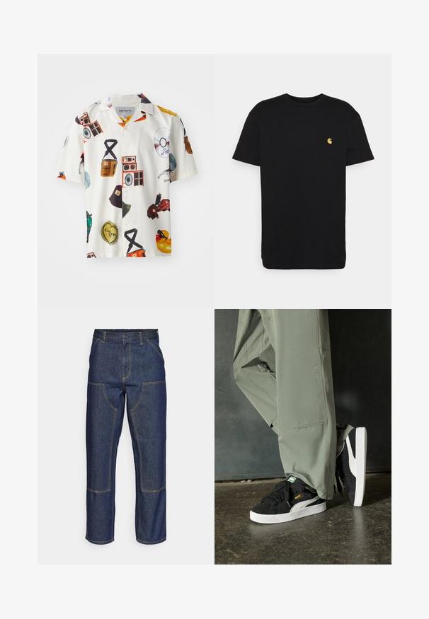 Camisa de manga corta de tela blanca con diversas gráficas de objetos musicales, sombreros y símbolos en colores vibrantes y texturas variadas.; Camiseta de algodón negra con mangas cortas, cuello redondo y un pequeño logo amarillo en el área del pecho izquierdo. Diseño simple y ajuste regular.; Jeans de mezclilla azul oscuro con cintura alta, diseño de pierna recta, costuras contrastantes y bolsillos de parche en la parte delantera.; Zapatillas de ante negras con suelas de goma blancas y rayas laterales, combinadas con pantalones cargo verde claro, de pie sobre una superficie oscura texturizada.