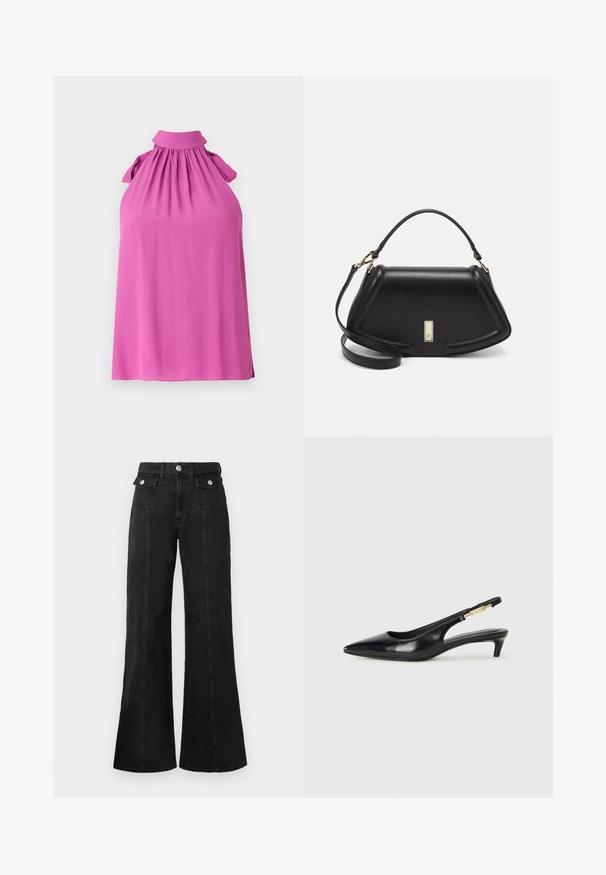 Sleeveless top in vibrant pink with a high collar, gathered neckline, and bow accents on the shoulders, made from soft fabric.; Black denim flared jeans with a high waist, featuring two front pockets, silver-tone hardware, and visible seam detailing along the front.; Black leather slingback heels with a pointed toe, featuring a slim heel and a gold-tone accent on the adjustable strap. Smooth texture.; Black leather handbag with a structured design, featuring a cropped shape, top handle, and gold hardware accent. Adjustable shoulder strap included.