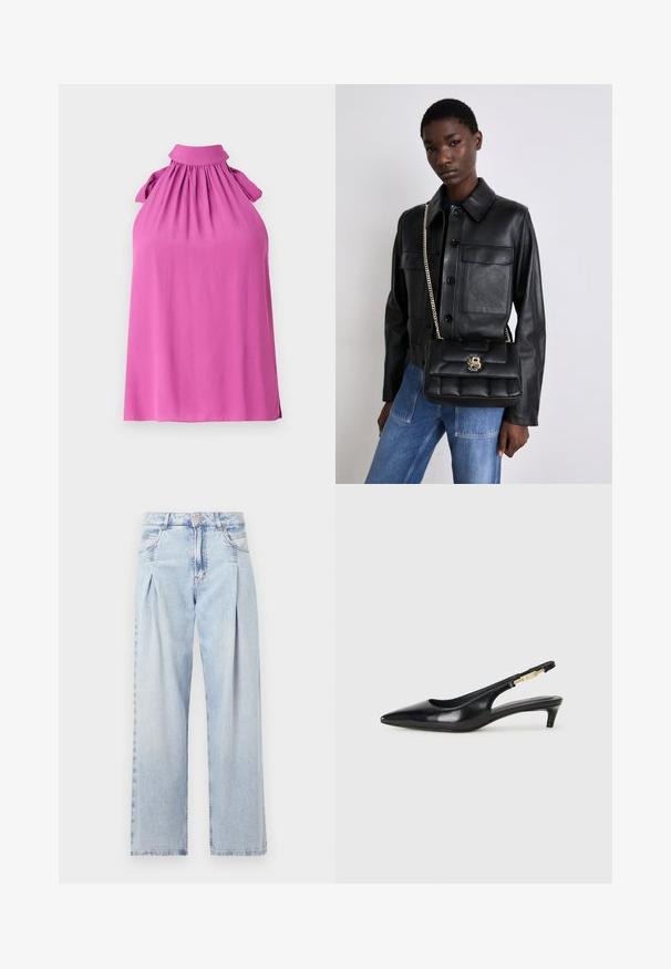 Top fără mâneci, de un roz vibrant, cu guler înalt, decolteu plisat și accente cu fundițe pe umeri, realizat dintr-un material moale.; Jeans din denim albastru deschis cu talie înaltă, croială evazată, două buzunare laterale și un design pliat. Textură moale cu un finisaj decolorat.; Sandale slingback din piele neagră cu vârf ascuțit, având un toc subțire și un accent de culoare aurie pe curea ajustabilă. Textură netedă.; Jachetă din piele neagră cu închidere cu nasturi și două buzunare frontale, asortată cu o geantă de mână neagră matlasată, care dispune de un închizător aurie și un brâu din lanț.