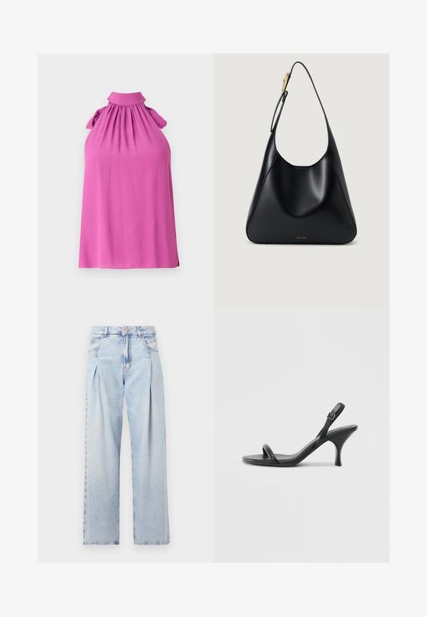 Ärmelloses Oberteil in leuchtendem Pink mit hohem Kragen, gerafftem Ausschnitt und Schleifenakzenten an den Schultern, aus weichem Material gefertigt.; Helle blaue Denim-Jeans mit hoher Taille, weitem Beinschnitt, zwei seitlichen Taschen und gefaltetem Design. Weiche Textur mit einem ausgebleichten Finish.; Schwarze Leder-Sandalen mit hohen Absätzen, schlankem, gebogenem Absatz und gekreuztem Riemendesign. Verstellbarer Knöchelriemen. Glatte Textur.; Schwarze Leder-Schultertasche mit glatter Textur, geschwungener Silhouette und goldfarbenen Hardware-Akzenten. Mit geprägtem Markenlogo an der Basis.