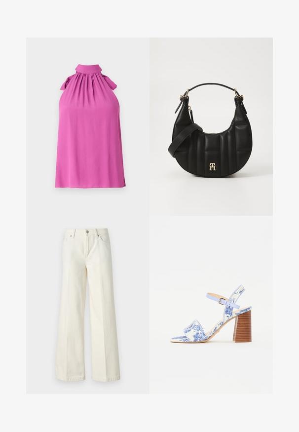 Ærmeløs top i strålende pink med høj krave, samlet udskæring og sløjfebesætning på skuldrene, lavet af blødt stof.; Videbenede hvide jeans lavet af en blanding af bomuldsstof. Har en lynlås i fronten, fem lommer og syninger langs sømmene.; Blå blomstrede sandaler med firkantet tå, bred rem og justerbar ankelrem, med en tekstureret træblokhæl.; Sort læderhandtaske med en bøjelig form, kviltet tekstur og guld hardware. Har en aftagelig skulderrem og logo-detalje.