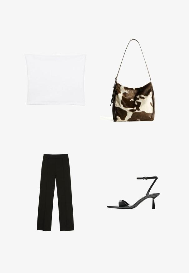 White pillowcase with a smooth, soft texture, featuring a rectangular shape and clean edges, designed for standard pillow sizes.; Black wide-leg trousers made from a smooth fabric, featuring a fitted waistband and subtle front pleats for added texture.; Bershka High heeled sandals - black; Brown and cream cowhide shoulder bag with a smooth leather strap, zip closure, and a soft, textured surface featuring a natural pattern.