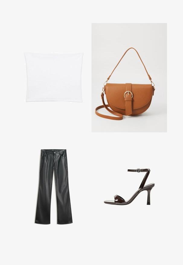 Hvid pudebetræk med en glat, blød tekstur, der har en rektangulær form og rene kanter, designet til standard pudestørrelser.; Sorte faux læder flare bukser med en glat tekstur, fem-lomme design, lynlås foran og kontrasterende syninger.; Brune patentlæder højhælede sandal med ankelrem, åben tå og et elegant, minimalistisk design. Udstyret med en firkantet hæl.; Brun læder crossbody taske med en buet form, guldfarvet hardware og en spændeaccent. Har en aftagelig skulderrem.