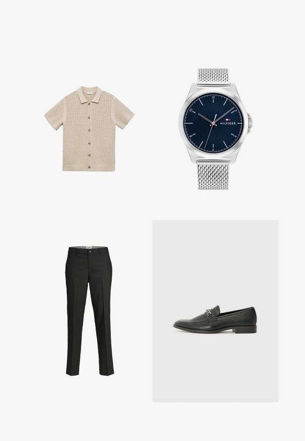 Beige kortärmad stickad skjorta med polo-krage, med ett öppet vävmönster, fem knappar framtill och en ribbad nederkant.; Svarta byxor, skräddarsydd passform, slätt tyg, medelhög midja, framknäppning, diagonala fickor och veckdetaljering längs benen.; Svart läderloafers med en slät yta, med en sydd design och en dekorativ metallkedjeaccent över västen. Platt häldesign.; Tommy Hilfiger HERRENUHR CLASSIC - Klocka - blau- und silberfarben