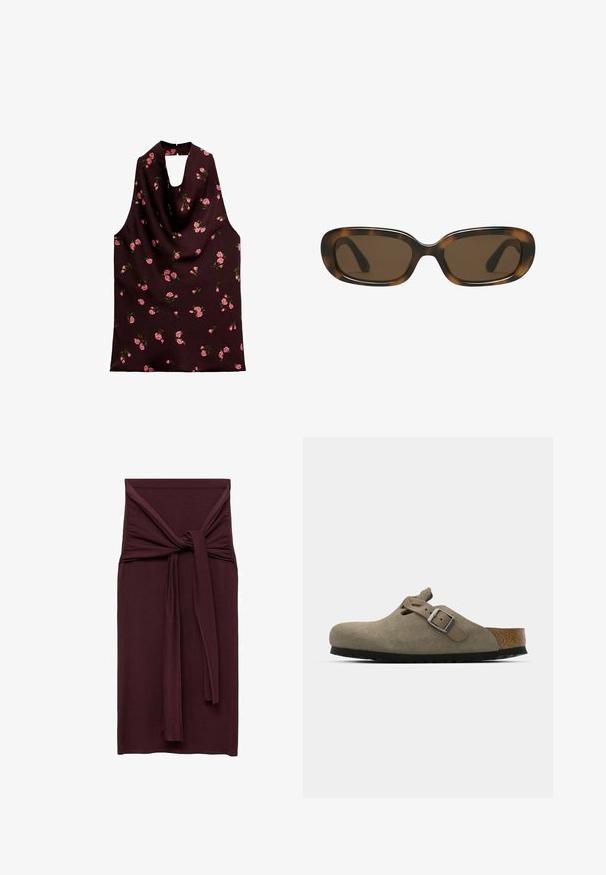 Ærmeløs top i mørk burgunder stof, med et draperet design med lyserøde blomster mønstre og en nøglehul-udskæring. Glat tekstur.; Bordeauxkjole med en knyttet detalje i taljen, lavet af et glat, strækbart stof. Fittet silhuet med lige længde.; Suede træsko i lys olivengrøn med en formet kork- og gummisål. Har en side rem med en metal spænde og en rund tå.; Skildpadde-mønstret solbriller med en glat, afrundet rektangulær ramme og brune linser. Har tynde, buede arme med en blank overflade.; Vævet strå tote taske med flettet tekstur, mørkebrune læderhåndtag og bund, bred cirkulær form og åben topdesign.