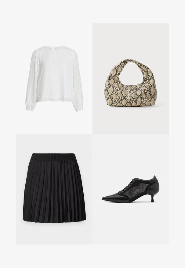 Bílá dlouhá halenka s jemným vlnitým vzorem, kulatým výstřihem a zapínáním na knoflíky vzadu.; Černá skládací sukně s hladkou texturou, vybavená pevným černým pasem a vyraženým detailem loga vpředu.; Černá špičatá obuv s designem síťové panelů, s nízkým podpatkem a šněrováním v přední části. Vyrobeno z kombinace kůže a síťového materiálu.; Kabelka s hadím vzorem a zakřiveným držadlem. Vyrobena z texturovaných béžových a hnědých materiálů, s charakteristickým diamantovým vzorem.
