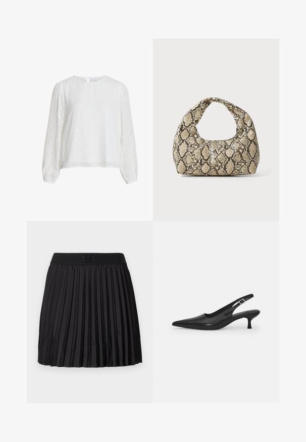 Weiße Langarmbluse mit subtiler wellenförmiger Struktur, rundem Ausschnitt und Knopfverschluss auf der Rückseite.; Schwarzer gefälteter Rock mit glatter Textur, ausgestattet mit einem einfarbigen schwarzen Bund und einem eingeprägten Logodetail auf der Vorderseite.; Schwarzer Leder-Slingback-Schuh mit spitzer Zehenform und schmalem, geschwungenem Absatz. Verfügt über einen unauffälligen verstellbaren Riemen mit einer Metallschnalle.; Schlangenmuster-Tasche mit einem gebogenen Griff. Hergestellt aus strukturierten, beige- und braunfarbenen Materialien, die ein markantes Diamantmuster aufweisen.