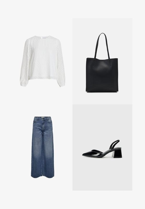 Blouse blanche à manches longues avec un motif texturé ondulé subtil, décolleté rond et fermeture à boutons au dos.; Jeans en denim bleu à jambes larges, avec une taille haute, un design classique à cinq poches et un lavage délavé pour un ajustement décontracté.; Escarpins en cuir verni noir avec bout pointu et talon bloc géométrique. Présente un design élégant et minimaliste ainsi qu'une texture lisse.; Sac fourre-tout en cuir noir avec une texture lisse, de forme rectangulaire et deux longues poignées. Pas de matériel ou d'ornementations visibles.