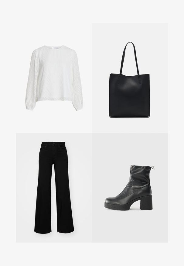 Biela blúzka s dlhým rukávom a subtílnym vlnitým textúrovaným vzorom, okrúhlym výstrihom a zapínaním na gombík na zadnej strane.; Čierne široké nohavice z denimu s pevným pásom, pútkami na opasok a prednými vreckami. Hladká štruktúra s klasickým dizajnom.; Čierne členkové topánky z hladkej kože, so bočným zipsom, robustnou textúrovanou pätnou časťou a zaobleným dizajnom špičky.; Čierna kožená taška na rameno s hladkým povrchom, obdĺžnikovým tvarom a dvoma dlhými uchami. Bez viditeľného kovania alebo ozdôb.