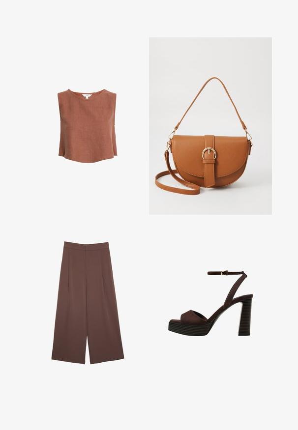 Top senza maniche in lino color ruggine con scollo rotondo, vestibilità rilassata e spacchi laterali, caratterizzato da cuciture minime per una finitura pulita.; Pantaloni ampi marroni con una texture liscia, caratterizzati da una vita alta e pieghe frontali. Il tessuto è leggero e scorre liberamente.; Sandal in camoscio marrone con tacco alto, punta aperta, cinturino alla caviglia regolabile e suola a piattaforma striata.; Borsa a tracolla in pelle marrone con forma curvata, hardware dorato e un dettaglio con fibbia. Presenta una tracolla rimovibile.