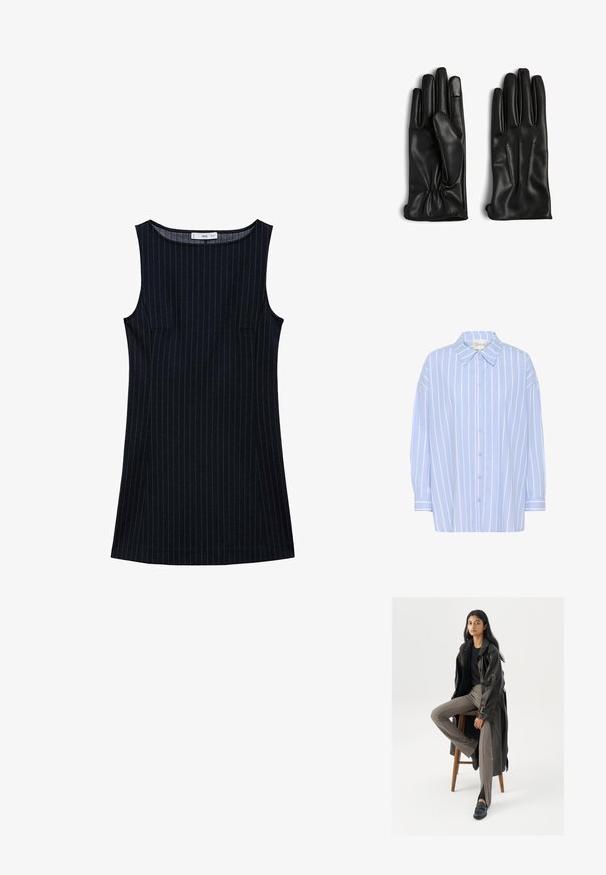 Light blue button-up shirt with white vertical stripes, featuring a pointed collar, long sleeves, and a relaxed fit. Soft cotton material.; Navy pinstriped sleeveless dress with a straight cut, featuring side pockets and a rounded neckline. Smooth fabric texture.; Black leather trench coat with buttons and belt detail, paired with light brown fitted pants and black loafers, seated on a wooden stool.; Black leather gloves featuring a smooth texture, five-finger design, gathered wrist, and three stitched lines on the back of each hand.
