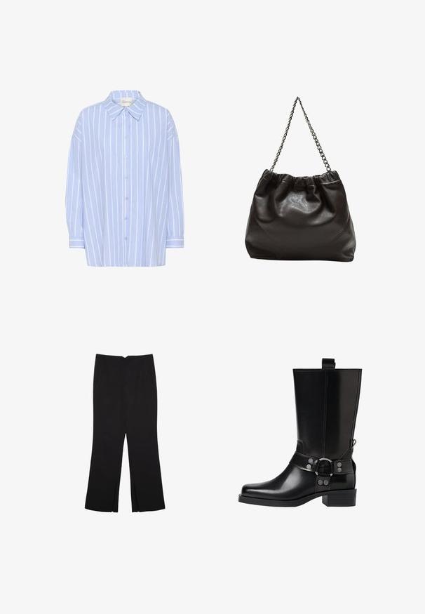 Ljust blå skjorta med vita vertikala ränder, med spetsig krage, långa ärmar och en avslappnad passform. Mjuk bomullsmaterial.; Svarta byxor med rak passform, utrustade med framfickor och sidoklyvningar vid fållen. Tillverkade av mjukt, slätt tyg. Lämpliga för olika tillfällen.; Svart läderknähöga stövlar med spetsig tå, silverfärgade spännen och klumpig klack. Har en dragflik för enkel påtagning.; Brun läderväska med rynkad topp och kedjesnodd. Slät textur med en blankslipad yta och subtila sömdetaljer på sidorna.