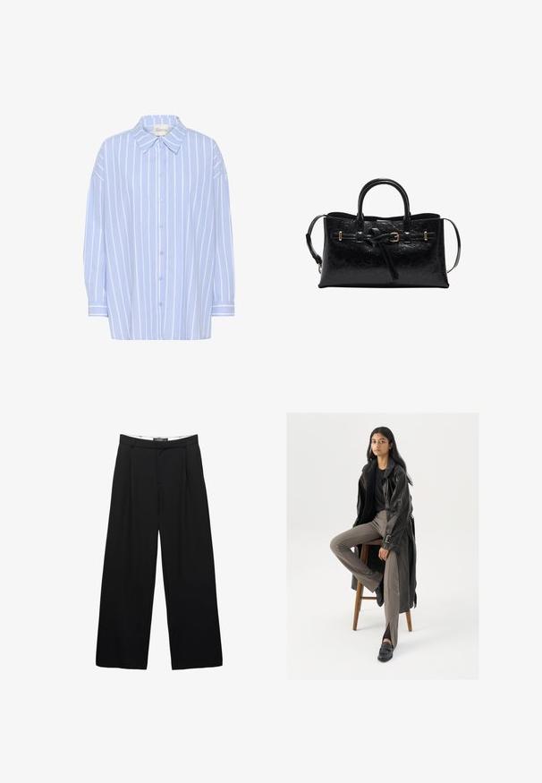 Světle modrá košile na knoflíky s bílými vertikálními pruhy, má špičatý límec, dlouhé rukávy a volný střih. Měkký bavlněný materiál.; Široké černé kalhoty vyrobené z hladké látky. Obsahují přední sklady, pas s poutky na opasek a upravený siluetu.; Černý kožený trenčkota s knoflíky a detailem pásku, kombinovaný s světle hnědými úzkými kalhotami a černými mokasínami, sedící na dřevěném stoličce.; Černá kožená kabelka s texturovaným povrchem, strukturovaným tvarem, dvojitými uchy a odnímatelným ramenním popruhem. Akcenty zlatě tónované kovové detaily.
