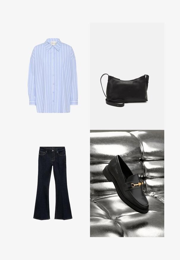Světle modrá košile na knoflíky s bílými vertikálními pruhy, má špičatý límec, dlouhé rukávy a volný střih. Měkký bavlněný materiál.; Tmavě modré denimové džíny s vysokým pasem, předními kapsami a rozšířenými nohavicemi, vystavené na bílém pozadí.; Černé kožené loafery s detaily zlatého kovu. Obuv má elegantní design a hladký, lesklý povrch.; Černá kožená taška přes rameno s hladkým povrchem, zakřiveným tvarem, nastavitelným popruhem a zipovým uzávěrem. Minimalistický design bez zdobení.