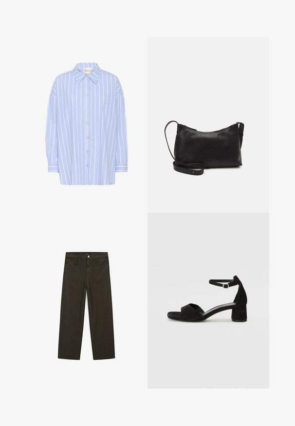 Světle modrá košile na knoflíky s bílými vertikálními pruhy, má špičatý límec, dlouhé rukávy a volný střih. Měkký bavlněný materiál.; Tmavě zelené široké džínsy vyrobené z bavlněné směsi, s předním zapínáním na knoflík, pěti kapsami a klasickým denimovým stehem.; Černé sametové sandály na podpatku s tenkým řemínkem kolem kotníku, otevřenou špičkou a skromným blokovým podpatkem. Hladká textura a minimální akcenty.; Černá kožená taška přes rameno s hladkým povrchem, zakřiveným tvarem, nastavitelným popruhem a zipovým uzávěrem. Minimalistický design bez zdobení.