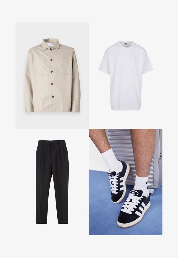 Camicia beige a maniche lunghe con bottoni, dotata di due tasche frontali sul petto e colletto classico, posata piatta su uno sfondo bianco.; Maglietta bianca in cotone con maniche corte, scollatura rotonda, vestibilità comoda e senza loghi o motivi visibili. Texture liscia e design minimale.; Pantaloni neri con design a pieghe sul davanti, realizzati in tessuto morbido. Presentano una chiusura con bottone e passanti per cintura; vestibilità a gamba dritta.; Sneakers in suede nero con lacci bianchi e tre strisce bianche. Presentano un logo circolare nero sulla linguetta e una suola in gomma color gomma.