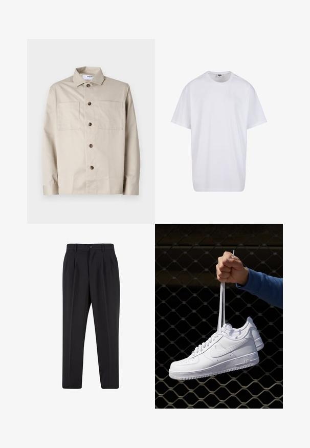 Béžová košeľa s dlhým rukávom, s gombíkmi, dvoma prednými vreckami na hrudi a klasickým golierom, položená na bielom pozadí.; Biela bavlnená tričko s krátkymi rukávmi, okrúhlym výstrihom, uvoľneným strihom a žiadnymi viditeľnými logami alebo vzormi. Hladká textúra a minimálny dizajn.; Čierne nohavice s plisovaným predným dizajnom, vyrobené z hladkej látky. Majú zapínanie na gombík a pútka na opasok; rovný strih.; Biele kožené tenisky s perforáciami, okrúhlou špičkou, plochou podrážkou a hrubými šnúrkami, pričom majú viditeľné logo swoosh a nápis "AIR" na päte.