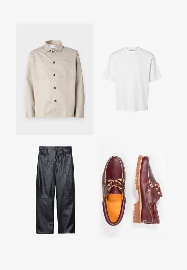 Bežinė ilgomis rankovėmis mygtukinė marškinė su dviem priekiniais krūtinės kišenėmis ir klasikine apykakle, išklota ant baltos fono.; Balta medvilninė marškinė su trumpomis rankovėmis, apvaliu iškirpimu ir laisvu siluetu. Lygus paviršius be matomų raštų ar akcentų.; Juodos dirbtinės odos plačios kelnės su krokodilo tekstūra, tradicine penkių kišenių konstrukcija ir sidabro tono mygtukais bei prikabinimais.; Burgundi odiniai bateliai su rudais guminiais padais, apvaliu pirštu, balta siūle ir auksiniais inkarais. Interjere yra geltonas pamušalas.