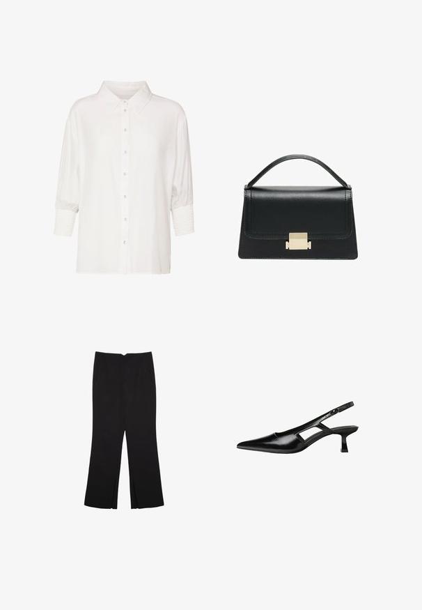 Valkoinen napitettava paita klassisella kauluksella, lyhyillä puffihihansuilla ja rypytetyillä hihoilla. Valmistettu kevyestä kankaasta, jossa on sileä pinta.; Mustat housut suoralinjaisella leikkauksella, joissa on etutaskut ja sivurei'ät helman alla. Valmistettu pehmeästä ja sileästä kankaasta. Sopii eri tilaisuuksiin.; Mustat lakatut nahkakengät, joissa on viistopää, leikattu sivusuunnassa ja pieni neliökoroke. Sujuva pinta, jossa on minimaalinen koristelu.; Musta nahkakäsilaukku, jossa on jämäkkä muotoilu, yläkahva ja kultainen metallisolki edessä. Sujuva pinta, minimaalinen ompelu.