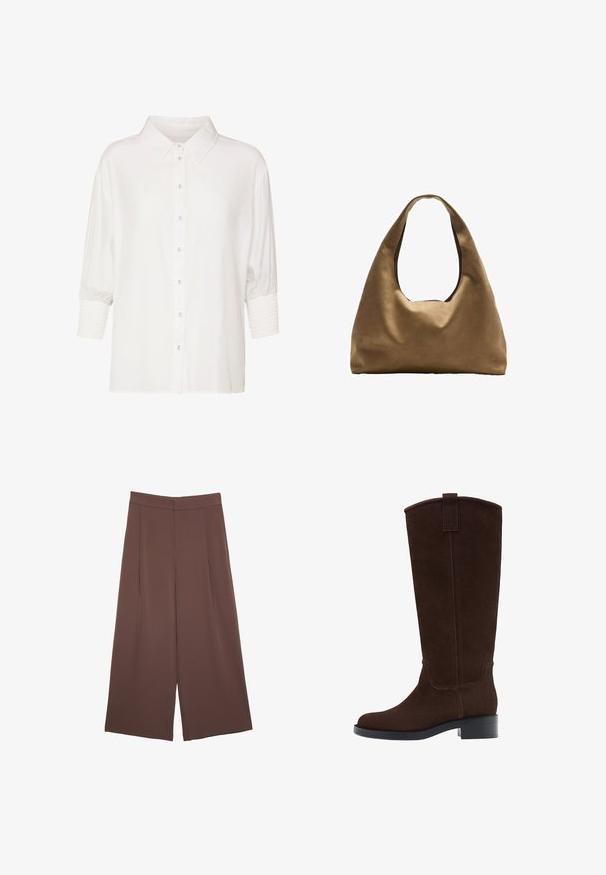 Biała koszula zapinana na guziki z klasycznym kołnierzykiem, krótkimi bufkami i marszczonymi mankietami. Wykonana z lekkiego materiału o gładkiej fakturze.; Brązowe spodnie o szerokich nogawkach z gładką fakturą, z wysokim stanem i plisami z przodu. Materiał jest lekki i luźno opada.; Brązowe zamszowe kozak z zaokrąglonym noskiem, subtelnymi przeszyciami i niskim słupkowym obcasem; mają pętelkę na górze, co ułatwia zakładanie.; Brązowa torba na ramię z szerokim, zaokrąglonym kształtem i dużym wyciętym uchwytem. Miękka tekstura, minimalistyczny design i brak widocznych elementów metalowych.