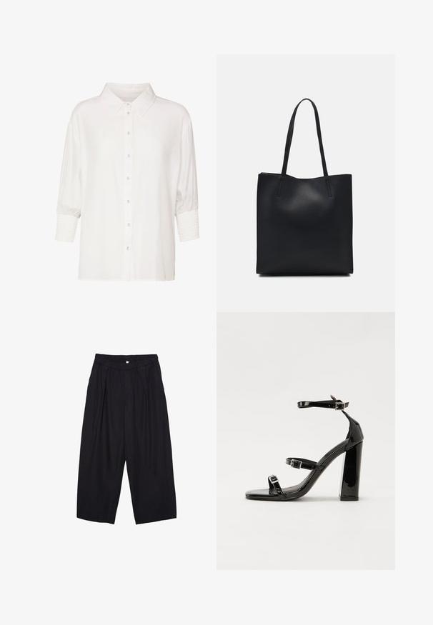 Hvid button-up skjorte med klassisk krave, korte pufærmer og smockede manchetter. Lavet af let stof med en glat tekstur.; Sorte polyester culotte bukser med elastisk talje, to forpiber og en løs silhuet. Ingen synlige mønstre eller hardware detaljer.; Sorte patenterede hælsandaler med firkantet tå, ankelremme og sølvspænder. Har en chunky blokHæl for stabilitet.; Sort læder tote taske med glat tekstur, rektangulær form og to lange hanke. Ingen synlig hardware eller udsmykninger.