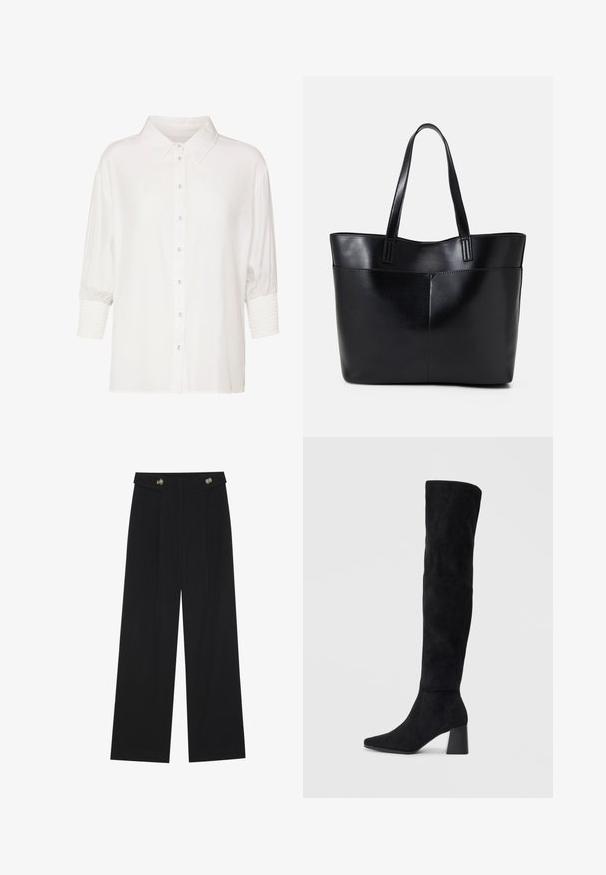 Chemisier blanc à col classique, avec des manches courtes bouffantes et des poignets smockés. Fabriqué en tissu léger avec une texture douce.; Pantalons larges noirs à taille haute, avec des détails de boutons à la taille et des plis sur le devant.; Botte noire en daim montée jusqu'au genou, avec un talon bloc, un bout pointu et un design lisse et sans couture sur un fond clair.; Sac fourre-tout en cuir noir avec deux longues poignées, une texture lisse et une forme structurée. Dispose d'une poche avant pour un rangement supplémentaire.