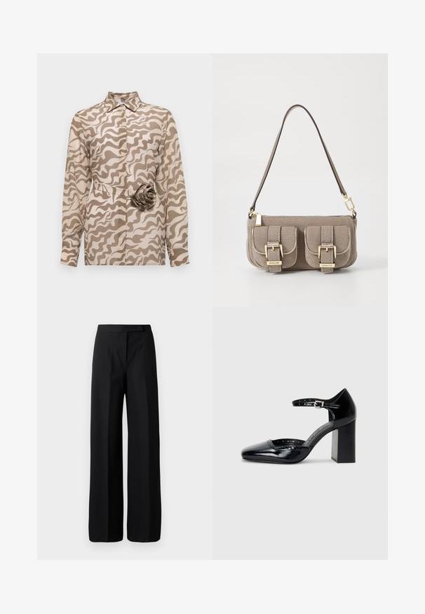 Marella NASTRO - Πουκαμίσα με κουμπιά - mastice; Φαρδιά μαύρα παντελόνια με λεία, ματ υφή. Ίσια μέση χωρίς ορατό μηχανισμό ή σχέδια. Απλός και κομψός σχεδιασμός.; Μαύρα παπούτσια ψηλοτάκουνα από πατενέ δέρμα με τετράγωνη μύτη, λουρί στον αστράγαλο και χοντρό τακούνι. Περιλαμβάνει διάτρητο σχέδιο γύρω από την άκρη.; Beige τσάντα με υφή και ρυθμιζόμενο λουρί, δύο μπροστινές τσέπες ασφαλισμένες με πόρπες και χρυσές λεπτομέρειες. Κλείσιμο με φερμουάρ στο επάνω μέρος.