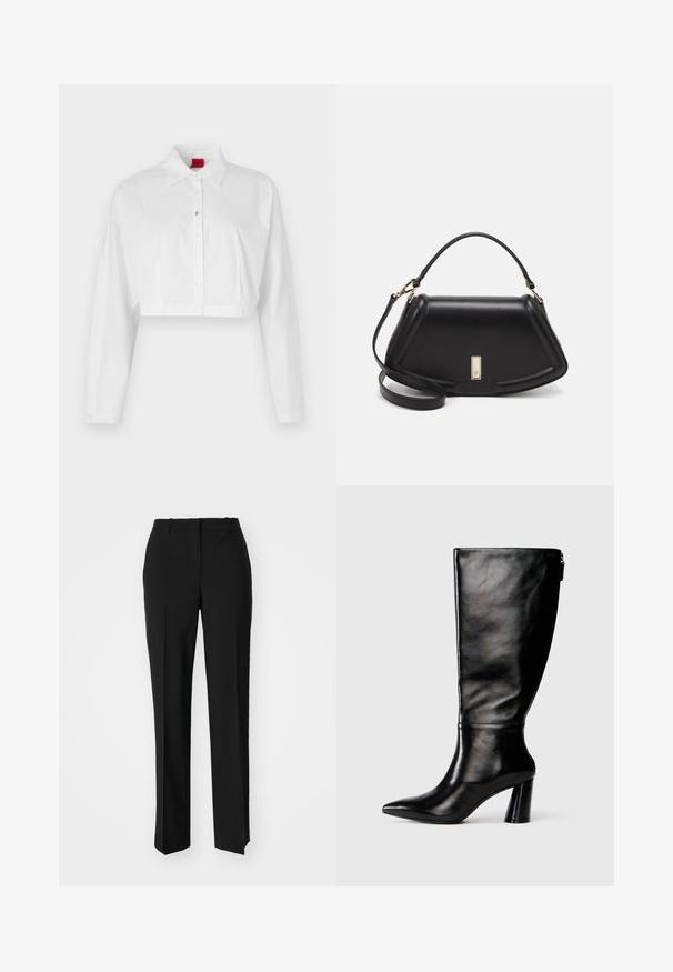 Witte geknipte overhemden met knopen en een puntige kraag, lange mouwen en een subtiel logo op de borst. Soepele stof zonder patronen.; Zwarte op maat gemaakte broek met een recht model, voorzien van een soepele textuur en scherpe plooien aan de voorkant. Geen zichtbare hardware.; Zwart leren laars tot de knie met een puntige neus, gladde textuur en een chunky hak. Bevat een ritsdetail aan de achterkant.; Zwarte leren handtas met een gestructureerd ontwerp, featuring een verkorte vorm, bovenhandvat en gouden hardwareaccent. Inclusief verstelbare schouderband.