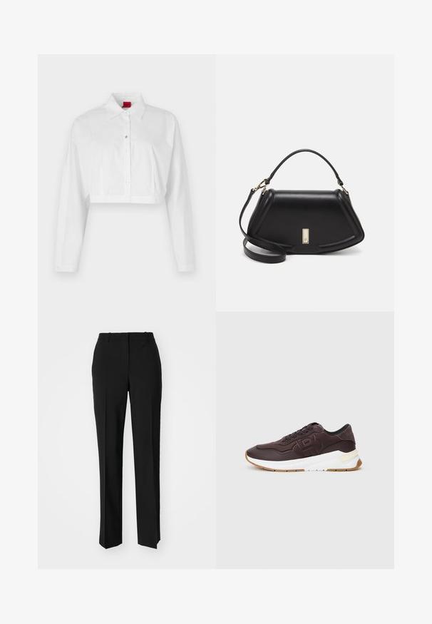 Cămașă albă scurtă, cu guler ascuțit, mâneci lungi și un logo subtil pe piept. Material neted, fără modele.; Pantaloni negri tailor-ed cu un design drept, având o textură fină și cute clare pe față. Fără elemente de prindere vizibile.; Sneaker maro închis cu căptușeală neagră, logo embosat pe lateral, talpă groasă albă și talpă de culoare gumă, pe un fundal simplu.; Geantă de umăr din piele neagră, cu un design structurat, având o formă tăiată, mânere superioare și accente din aur. Include o curea de umăr ajustabilă.