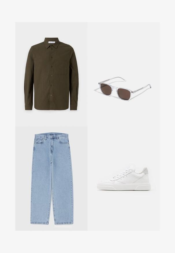 Olivewzielona koszula z długim rękawem, wykonana z miękkiego materiału, z kołnierzykiem zapinanym na guziki, kieszenią z przodu oraz listwą z guzikami w ciemnym kolorze.; Jasnoniebieskie dżinsy o prostym kroju nogawki, z średnim stanem, pięcioma kieszeniami oraz zapięciem na guzik i zamek błyskawiczny.; Białe skórzane trampki o gładkim wykończeniu, zaokrąglonym nosku, płaskich sznurówkach i teksturowanej podeszwie. Szary zamszowy akcent na pięcie.; Przezroczyste plastikowe okulary przeciwsłoneczne z prostokątnymi brązowymi soczewkami, z cienkimi, przezroczystymi ramionami i metalowymi akcentami na skroniach.; Brązowa skórzana torba na ramię z płaskim klapem z przodu, dwoma paskami, złotymi akcentami oraz regulowanym paskiem na ramię.