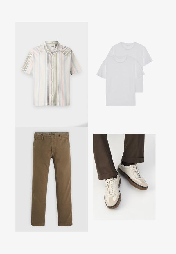 Lyhythihainen napitettavassa paidassa on kevyttä kangasta, jossa on pystysuoria raitoja pastelliväreissä: sinistä, vihreää ja vaaleanpunaista, sekä terävä kaulus.; Kaksi valkoista puuvillapaitaa, joissa on pyöreä kaula-aukko, lyhyet hihat ja pehmeä tekstuuri. Molemmissa on tasainen väri ilman näkyviä kuvioita tai varusteita.; Khaki puuvillapanssit suoran lahkeen muotoilulla, joissa on nappikiinnitys, kaksi etutaskua ja sileä pinta.; Beige tennarit, joissa on teksturoidut mokkasiinimaiset etuosat, sileät nahkasaumat ja ruskea kumipohja. Narut ja vaaleat ompelutiedot mukana.