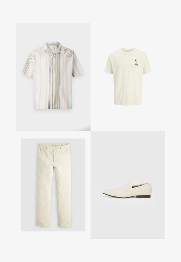 Korte mouw button-up shirt van lichte stof met verticale strepen in pastelkleuren: blauw, groen en roze met een puntige kraag.; Lichtcrème katoenen T-shirt met korte mouwen, met een kleine zwarte afbeelding van een karakter en de tekst "BRAKE BROS" op de borst.; Lichtbeige losse broek met drie zakken, riemlussen en een recht model. Gemaakt van een zachte katoenmix.; Lichtbeige loafers met een spitse neus, glad materiaal, een band over de wreef en een lage bruine zool. Eenvoudig ontwerp met minimale accenten.