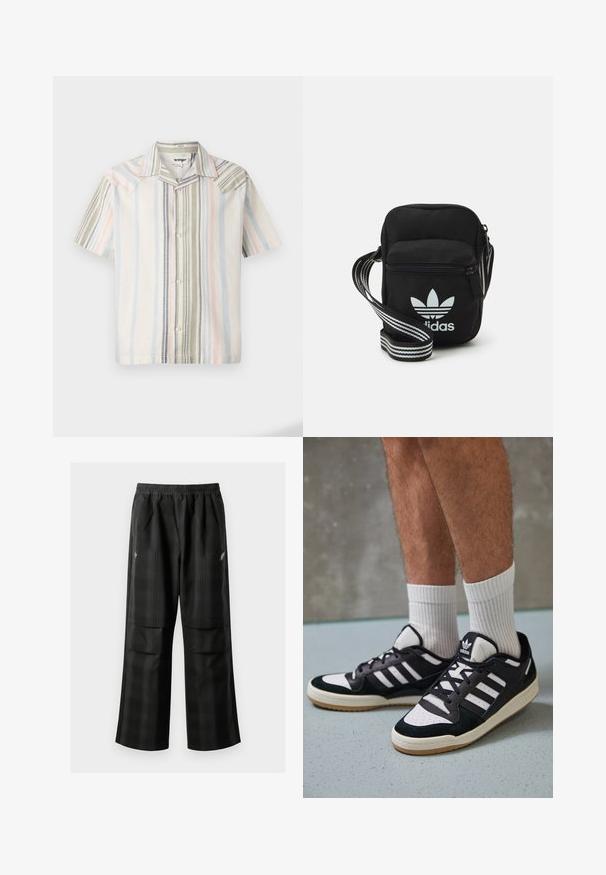 Īsām piedurknēm pogājamā krekla viegla auduma, kas rotāta ar vertikālām svītrām pasteļu krāsās: zilā, zaļā un rozā ar norādītu apkakli.; Melnas kvadrātveida bikses ar elastīgu jostu, divām priekšējām kabatām un brīvu piegriezumu ar taisnām kājām. Izgatavotas no viegla materiāla.; Melnas un baltas kedas ar zamša un ādas augšdaļu, kas aprīkotas ar trim baltām svītrām, perforētu purngali un gumijas zolēm.; Melna auduma crossbody soma ar rāvējslēdzēja aizdari, kurai ir balts Adidas logo un svītrainas regulējamas siksnas ērtiem pārvietošanās veidiem.