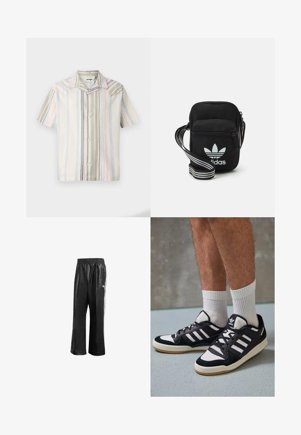 Košile s krátkým rukávem z lehkého materiálu s vertikálními pruhy v pastelových barvách: modré, zelené a růžové, s špičatým límcem.; Černé syntetické sportovní kalhoty s elastickým pasem, se bílými postranními pruhy a malým bílým logem na levém boku.; Černobílé tenisky s vrchní částí z semišové a kožené kůže, včetně tří bílých pruhů, perforovaného špičky a podrážky z gumy.; Černá crossbody taška z látky se zipovým uzávěrem, obsahující bílé logo Adidas a pruhovaný nastavitelný popruh pro snadné nošení.
