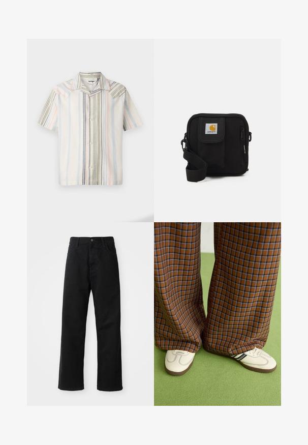 Camicia a maniche corte con bottoni in tessuto leggero, caratterizzata da strisce verticali in colori pastello: blu, verde e rosa, con colletto a punta.; Pantaloni in denim nero con taglio dritto, caratterizzati da tasche frontali, chiusura con zip e un singolo bottone superiore. Tessuto testurizzato con finitura opaca.; Pantaloni a pieghe larghi a quadri marroni e blu abbinati a scarpe bianche con dettagli neri e suole testurizzate, posizionati su uno sfondo verde.; Borsa a tracolla nera con un compartimento principale con zip, tasca frontale, tracolla regolabile e una patch del logo visibile sul risvolto.