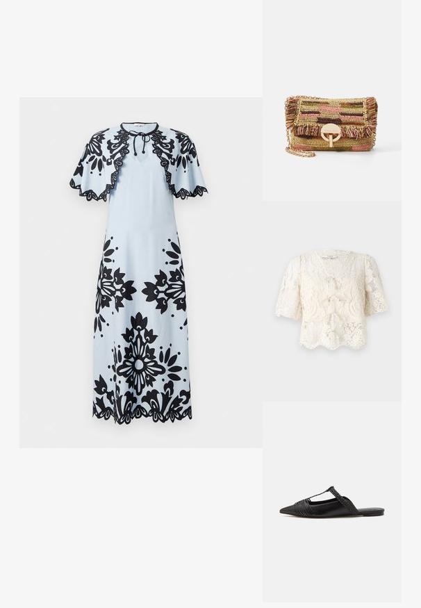 Crème kanten blouse met korte pofmouwen, een scalloped zoom en decoratieve strikdetails aan de voorkant. Fijn bloemmotief over de gehele blouse.; Lichtblauwe jurk met zwarte bloemenpatronen, korte kapmouwen, een ronde halslijn en een gegolfde zoom. Sluit met een strik in de nek.; Zwarte leren slingback schoen met een puntige neus, voorzien van een gevlochten accent en geplooid ontwerp aan de bovenkant. Platte zool met minimale hardware.; Vanessa Bruno MOON - Schoudertas - multico/jaune