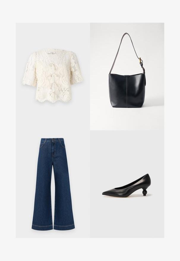 Cremegulvet bluse med korte puffærmer, bølget kant og dekorative slips detaljer foran. Intrikat blomstermønster over hele blusen.; Bredde ben blå denim jeans med høj talje, der har knaplukning, bæltestropper og diskrete syninger langs lommerne og kanterne.; Sort læder høje hæle med spids tå og rund, kugleformet hæl. Glat tekstur med et stilrent, minimalistisk design.; Sort læder skuldertaske med en glat overflade, der har en tynd, lang rem og en subtil syet detalje ned langs midten.