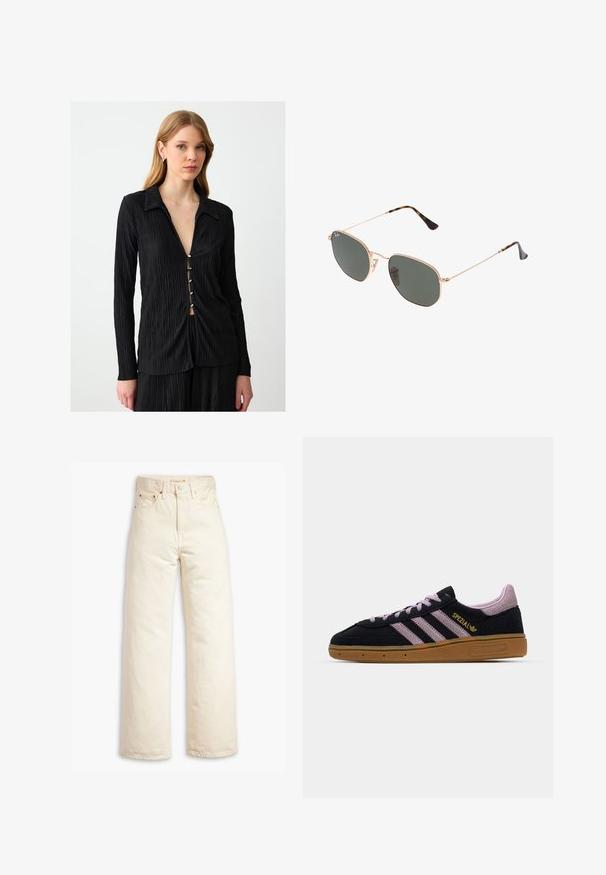 Schwarzes Langarmshirt mit Plissée-Textur, spitzem Kragen und fünf dekorativen Knöpfen an der Vorderseite, die einen dezenten V-Ausschnitt bilden.; Beige weite Jeans aus Baumwoll-Denim. Merkmale umfassen eine hohe Taille, Knopfverschluss und Fünf-Taschen-Design. Glatte, langlebige Textur.; Schwarze und rosa Wildleder-Sneaker mit Gummisohle, drei rosa Streifen, goldenem "SPEZIAL"-Branding und strukturiertem Gummiuntergrund. Niedrigschnitt-Design.; Goldfarbene Metallrahmen-Sonnenbrillen mit dunkelgrünen Gläsern im Pilotenstil, mit schlanken Bügeln und Schildpatt-Akzenten an den Spitzen.