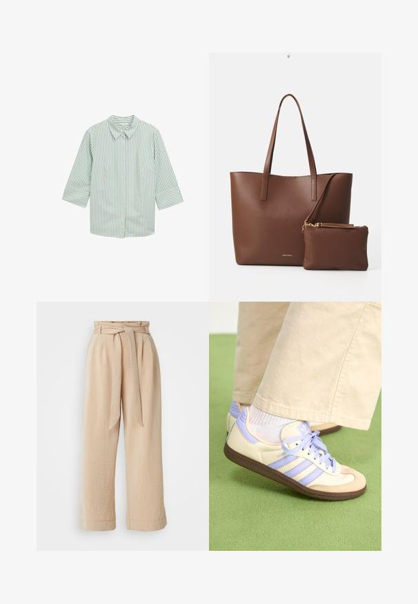Chemise à rayures vertes et blanches avec un col, des manches trois-quarts et deux poches à l'avant. Tissu doux avec une texture lisse.; Pantalons beige à jambe large avec une taille ceinturée, fabriqués en tissu texturé. Présente un pli avant et une finition lisse le long de l'ourlet.; Baskets crème et lavande avec trois bandes et une semelle marron texturée, dotées de lacets et d'un talon rembourré. Tige en tissu doux.; Sac fourre-tout en simili cuir marron avec deux longues poignées et une pochette assortie. La surface présente un motif texturé et des accents en métal doré.