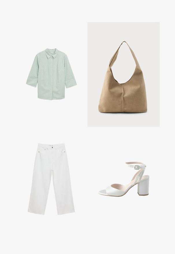 Zeleni i bijeli prugasti košulja s dugim rukavima, s ovratnikom, tri četvrtine rukava i dva prednja džepa. Meka tkanina s glatkom teksturom.; Bijele široke traperice s visokim strukom, s pet džepova i metalnim detaljima. Glatka tekstura, bez vidljivih uzoraka.; Bijela sandala s visokom petom, s sjajnom satenskom gornjom, širokim blok petom i remenom oko gležnja s malom kopčom. Glatke teksture, minimalističkog dizajna.; Torba hobo u mekanom bež antilopu s opuštenim oblikom, širokim remenom za rame i ručno šivenim detaljem na prednjoj strani.